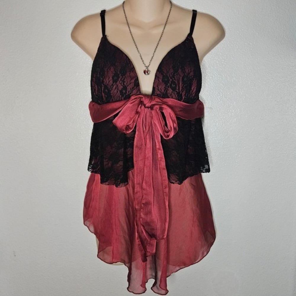 Dentelle Rose Black Lace Red Chiffon Babydoll Camisole Lingerie top